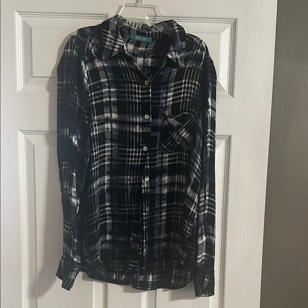 River + Sky Black and White Plaid Blouse